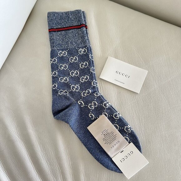 NWT GUCCI SOCKS BLUE GG LOGO Wool Sz L - Picture 2 of 5